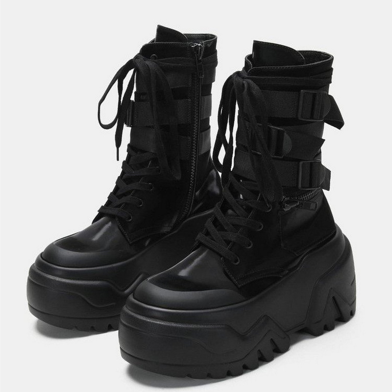 Guipure Lace Panel - Hot Fashion Women Chunky Platform Motorcycle